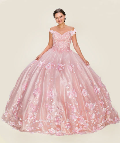 Woman wearing a pink floral gown on a beige background