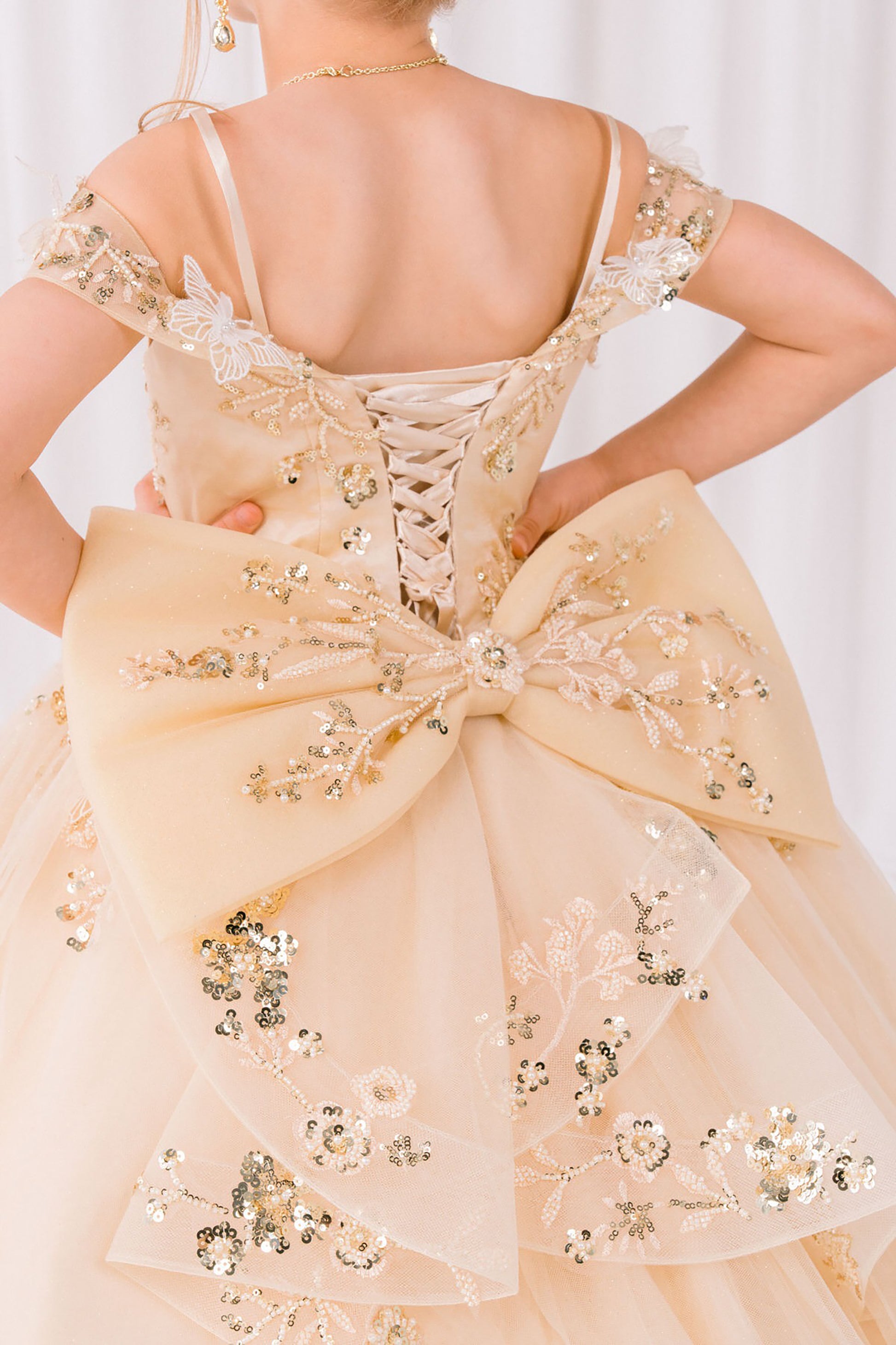 Beige evening gown with floral embellishments and a large bow on a white background