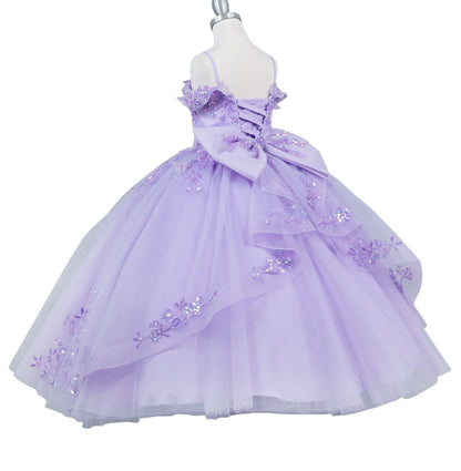Lavender dress with floral embellishments on a mannequin against a white background