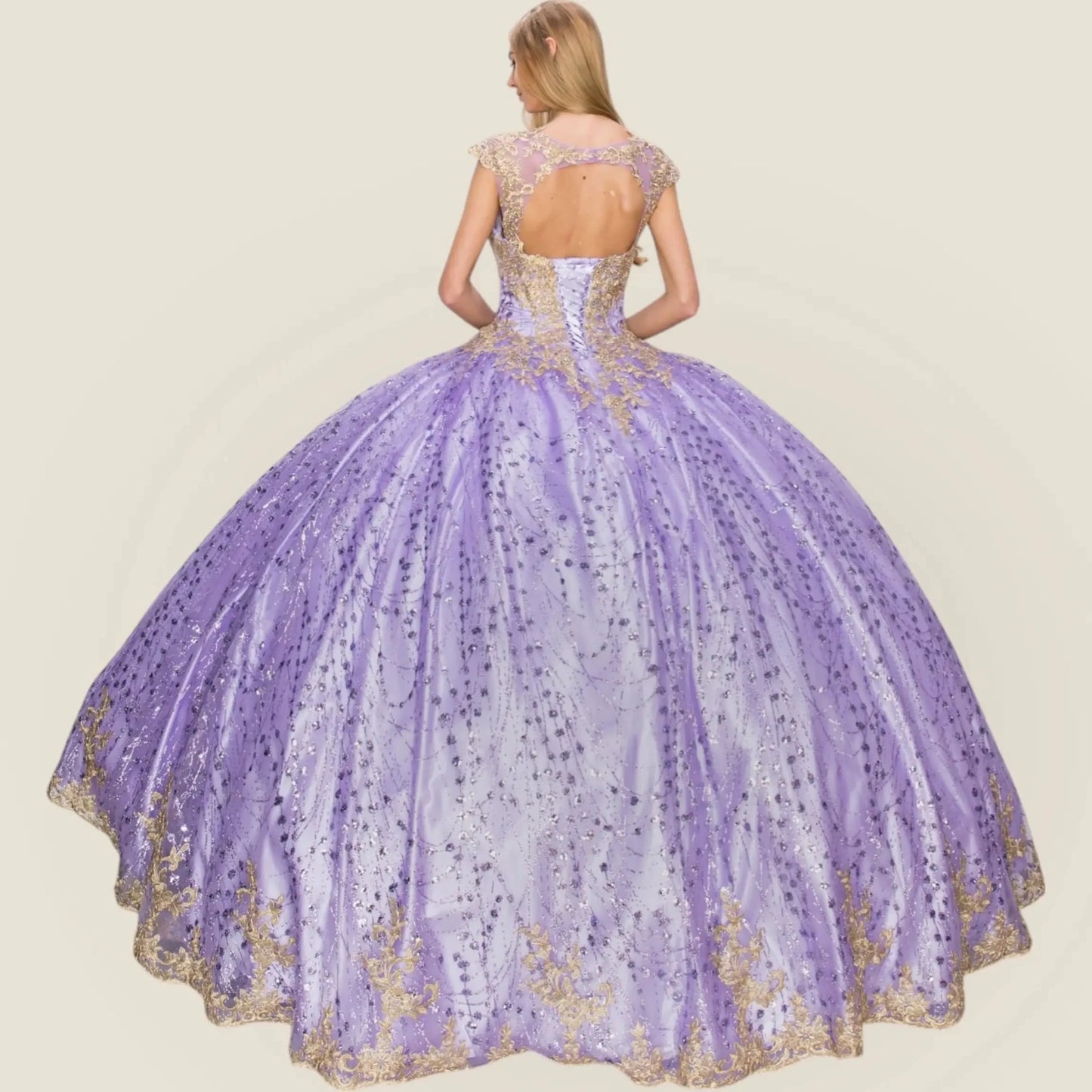 Lilac ball gown with gold accents on a beige background