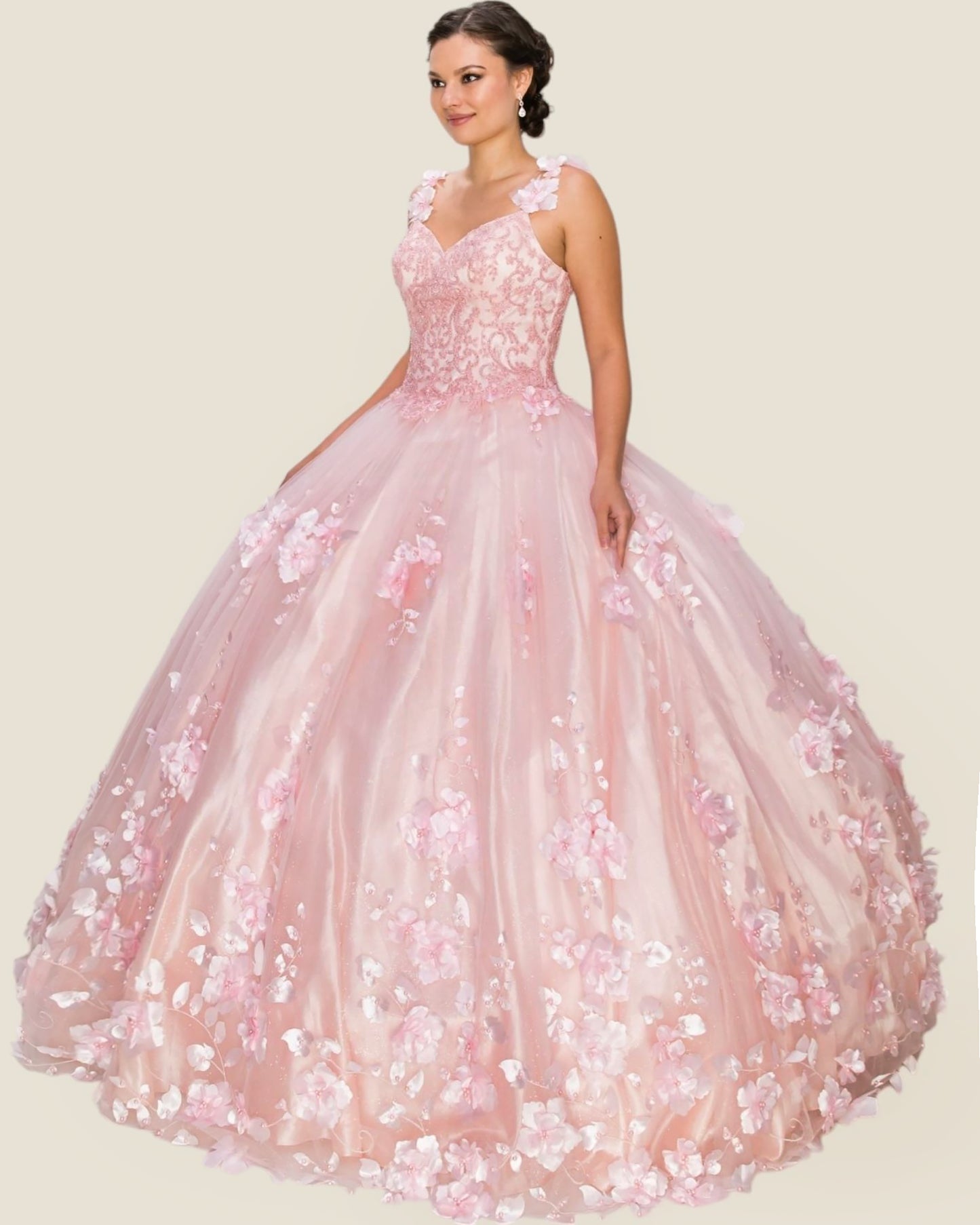 Pink floral gown on a plain background