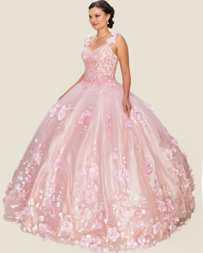 Pink floral gown on a plain background