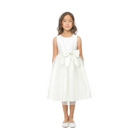 Ivory USA Made | Pearl Neckline & Pearl detail Bow Satin and Tulle Flower Girl Dress - front view of girl wearing dress