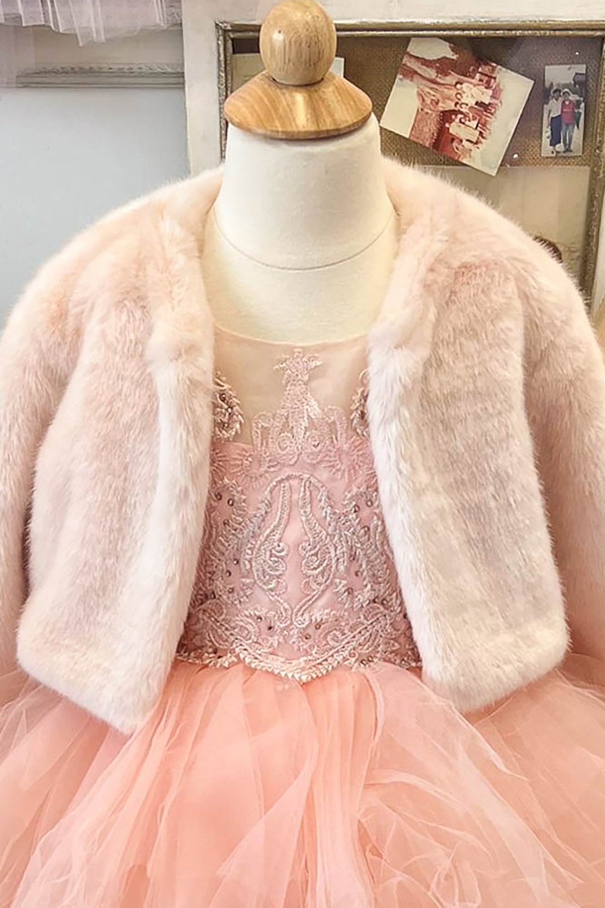 Blush soft faux fur flower girl jacket with round neckline and cropped fit. Flower girl dress. Also suitable as a bolero.