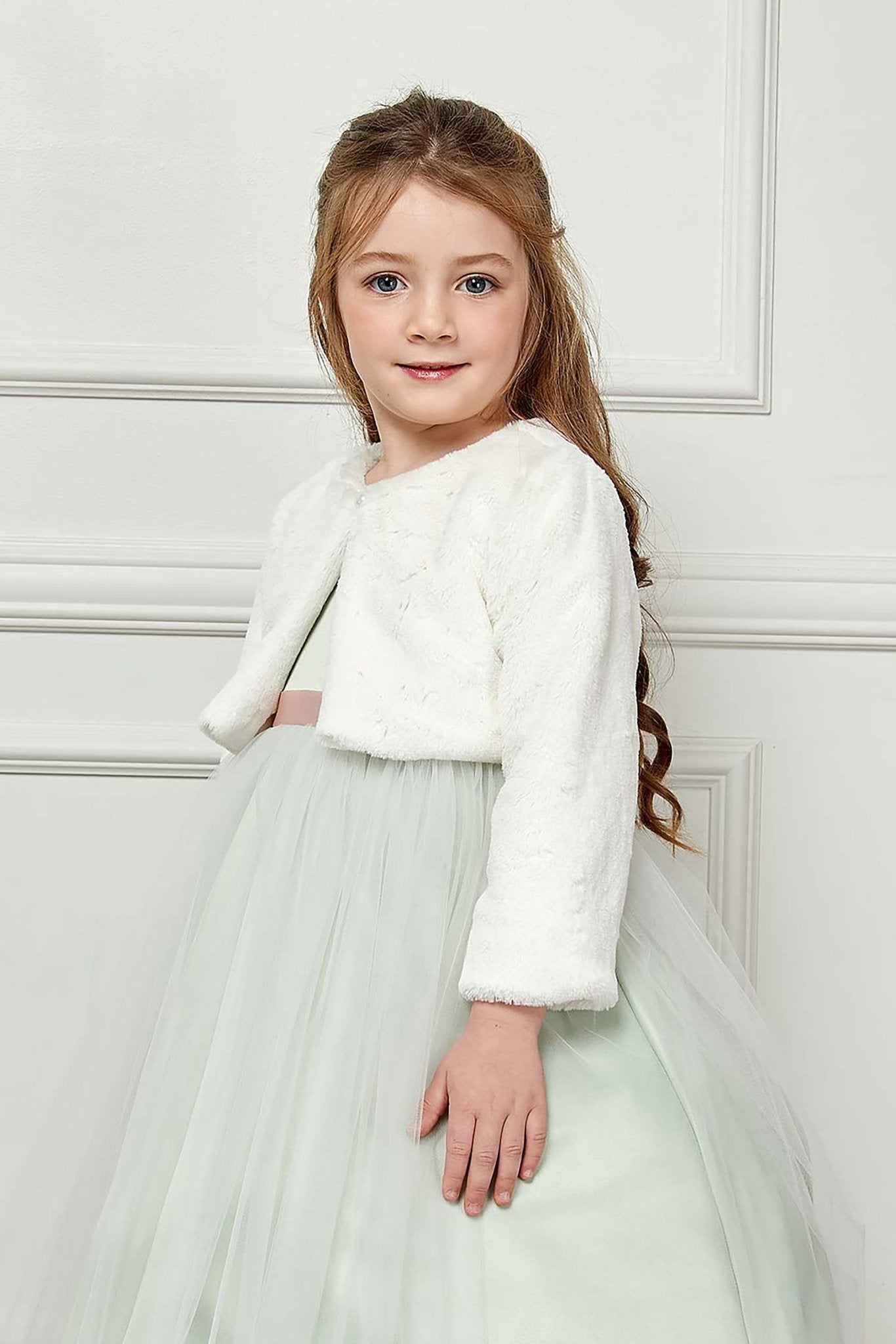 White Sweet Glamorous Soft Faux Fur flower girl Jacket - side view of jacket. Flower girl dress. Also suitable as a bolero.