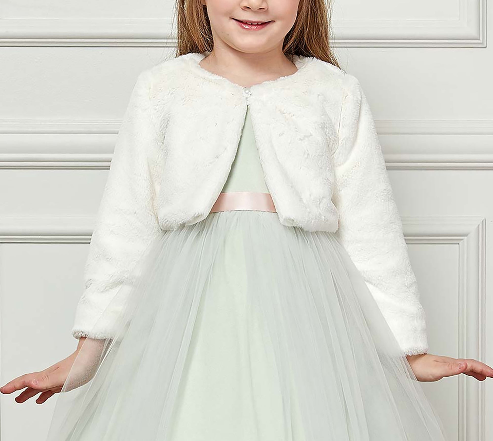 White Sweet Glamorous Soft Faux Fur flower girl Jacket - zoomed in front view of jacket. Flower girl dress. Also suitable as a bolero.