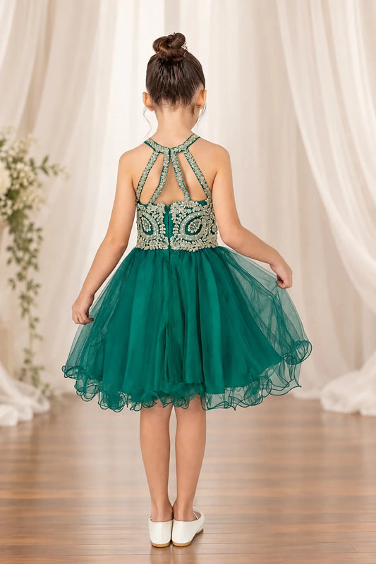 Embellished straps frame the open back and zipper of this Hunter Green kids party dress above a curled-edge tulle skirt.