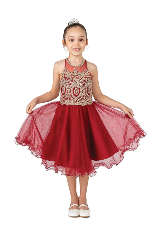 Beaded embroidery adorns the illusion halter bodice of this Red kids special occasion dress above its short tulle skirt.