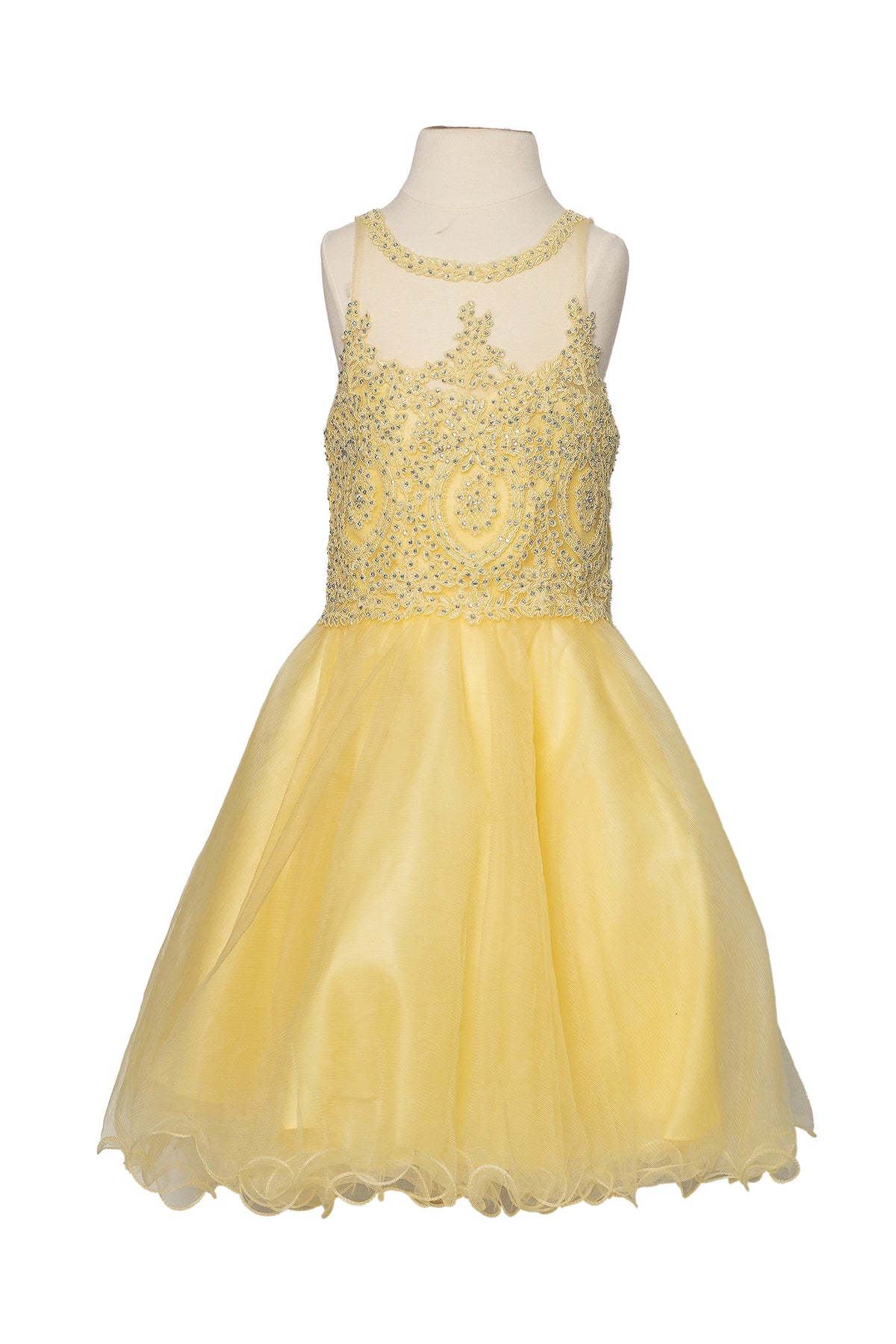 Framed by a full skirt, the Yellow mini quinceañera dress shows jeweled halter bodice above a full tulle skirt.
