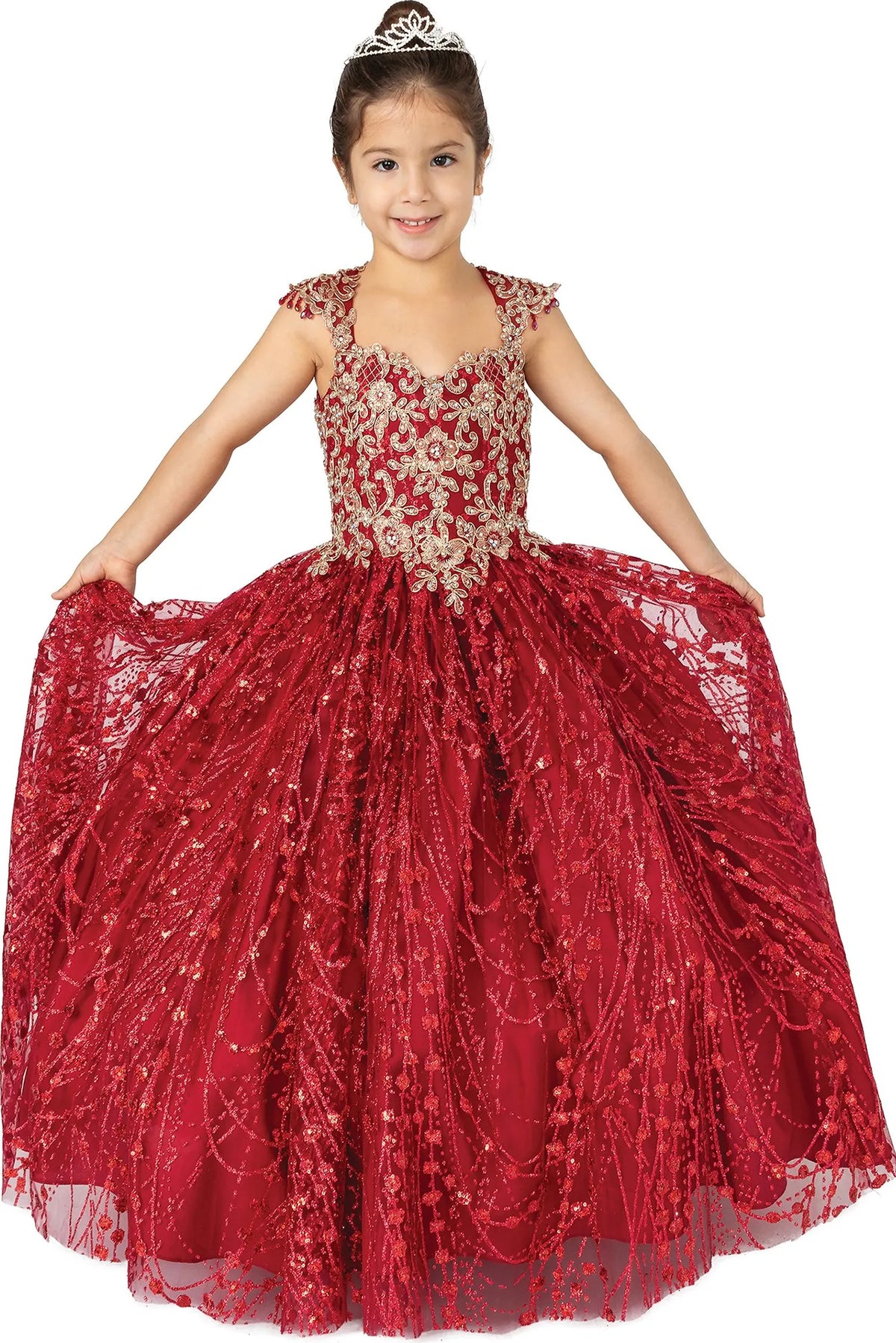 At first glance, the Burgundy mini quinceañera dress shows metallic lace embroidery across the fitted bodice and skirt.