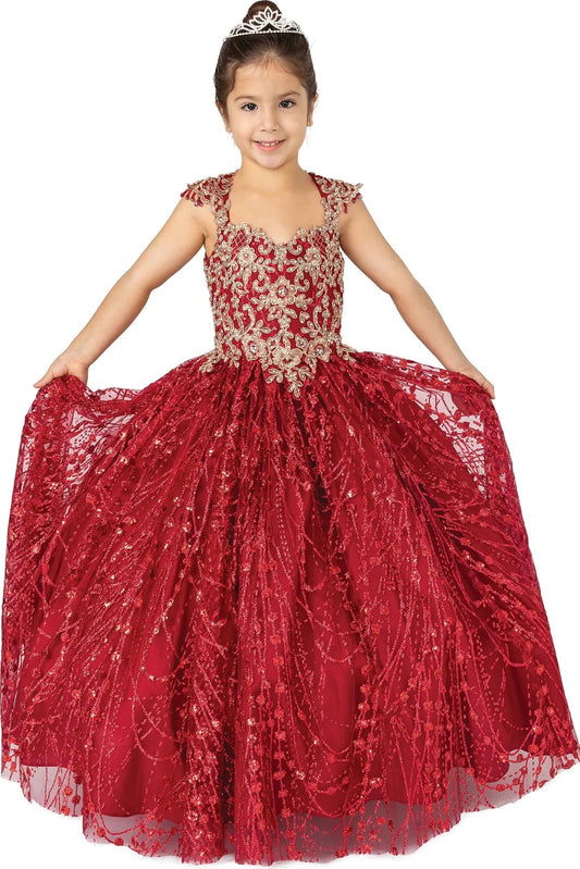 At first glance, the Burgundy mini quinceañera dress shows metallic lace embroidery across the fitted bodice and skirt.