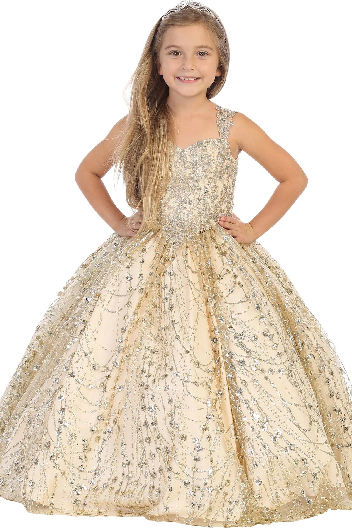 From the neckline, the Gold mini quinceañera dress shows metallic lace embroidery across the fitted bodice and skirt.