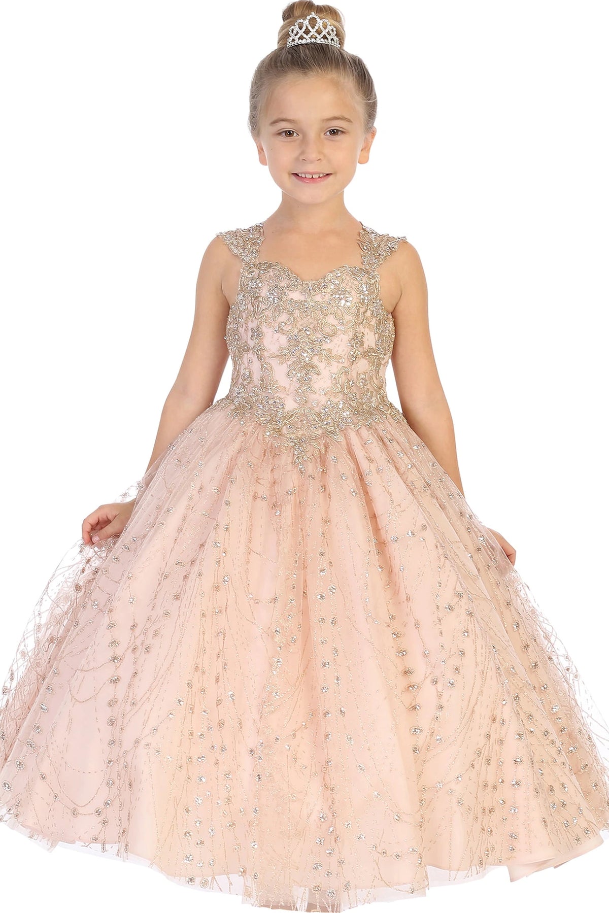 In full view, the Rose Gold mini quinceañera dress shows metallic lace embroidery across the fitted bodice and skirt.