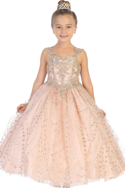 In full view, the Rose Gold mini quinceañera dress shows metallic lace embroidery across the fitted bodice and skirt.