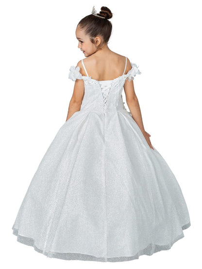 White Floral Shoulder Appliqués Glitter Tulle Mini Quinceanera 3-Anos Dress - back view