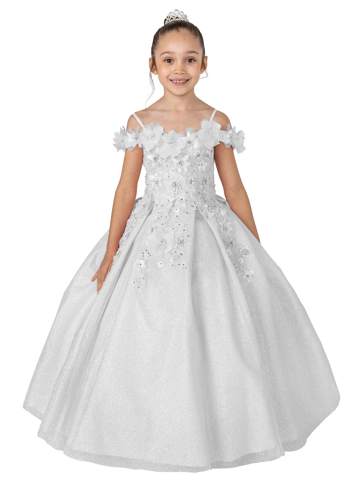 White Floral Shoulder Appliqués Glitter Tulle Mini Quinceanera 3-Anos Dress - front view girl wearing dress