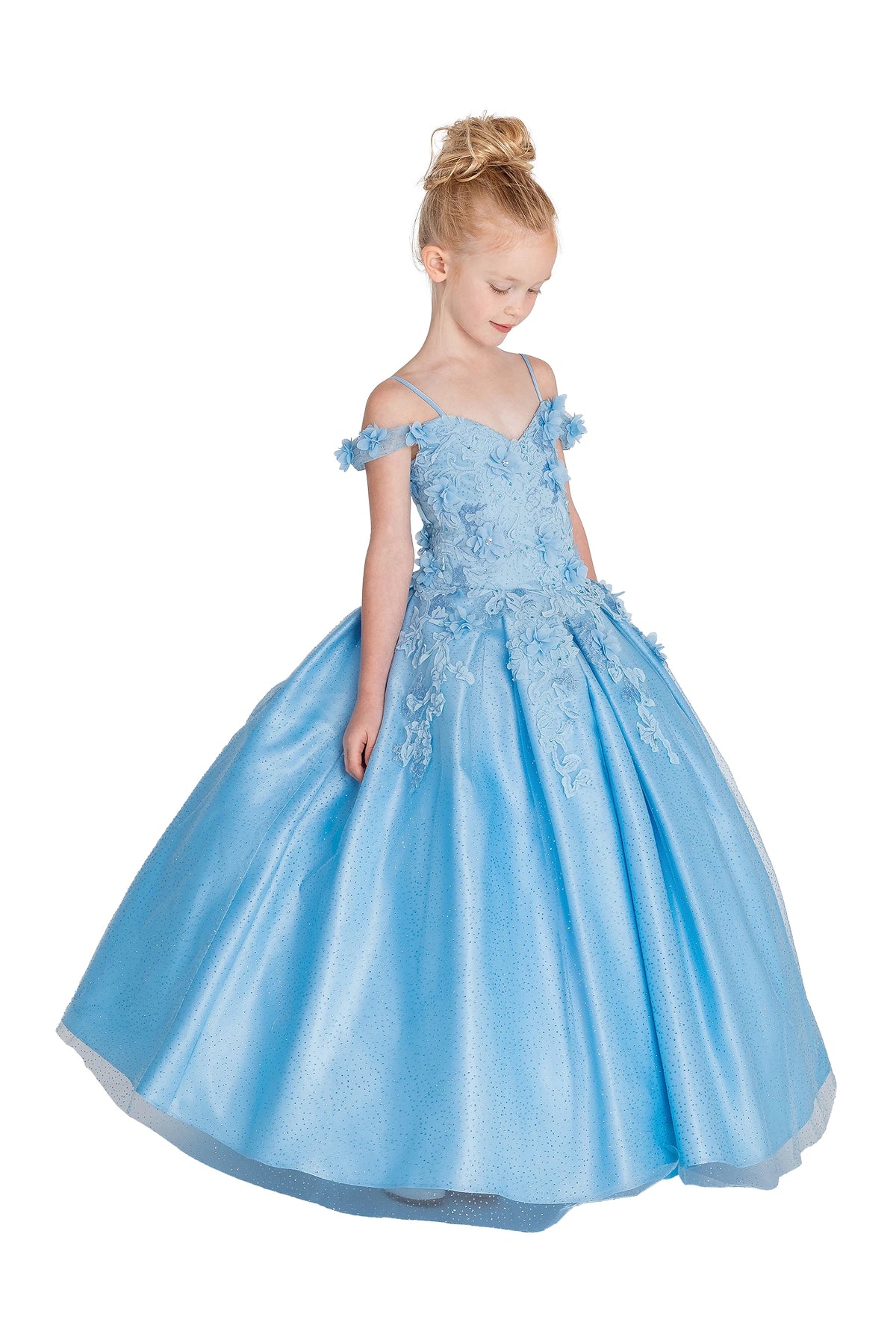From the neckline, the Bahama Blue mini quinceañera dress shows floral appliqué straps and a softly sparkling tulle skirt.