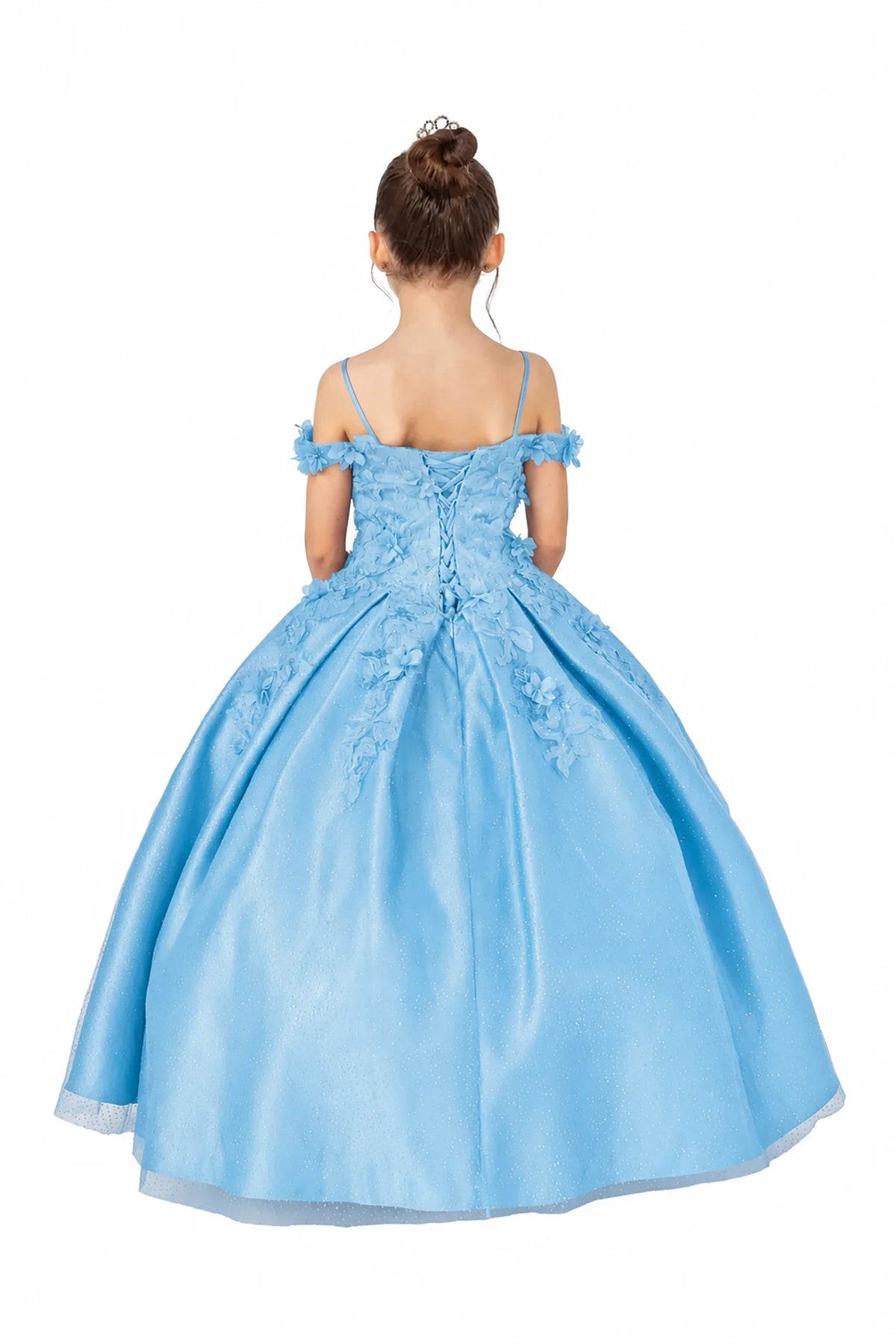 blue off-the-shoulder mini quince ball gown with floral lace applique on the bodice and lace up back