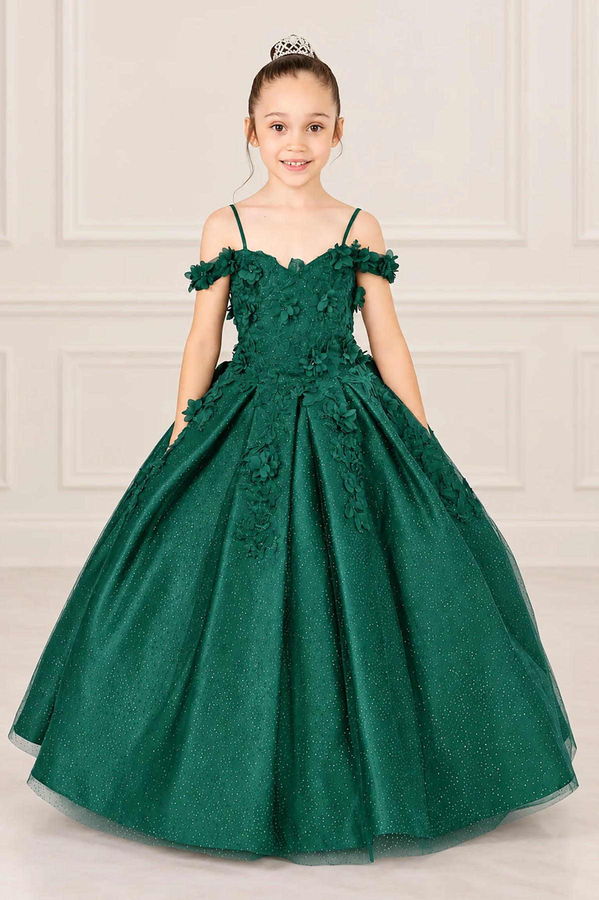 Off-shoulder floral straps accent the sweetheart bodice and full skirt of this Hunter Green mini quinceañera gown.