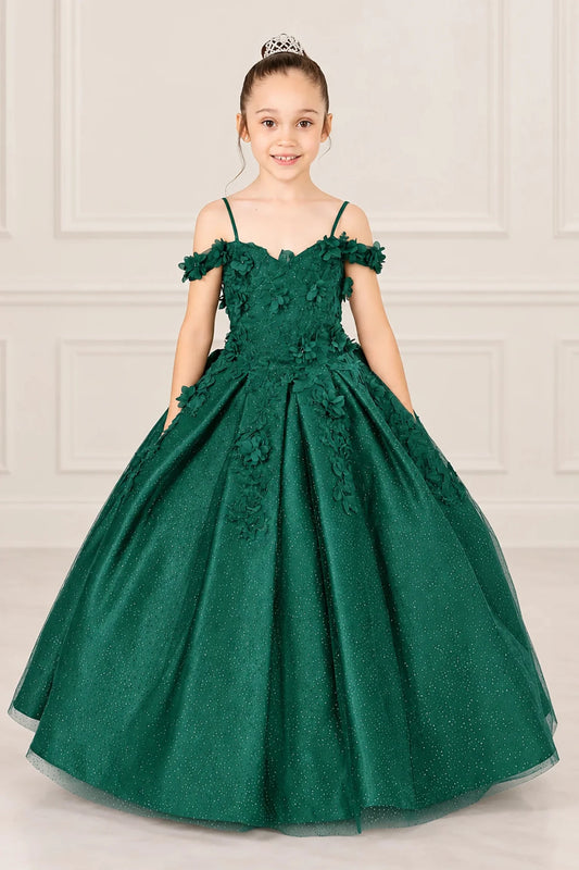 Off-shoulder floral straps accent the sweetheart bodice and full skirt of this Hunter Green mini quinceañera gown.