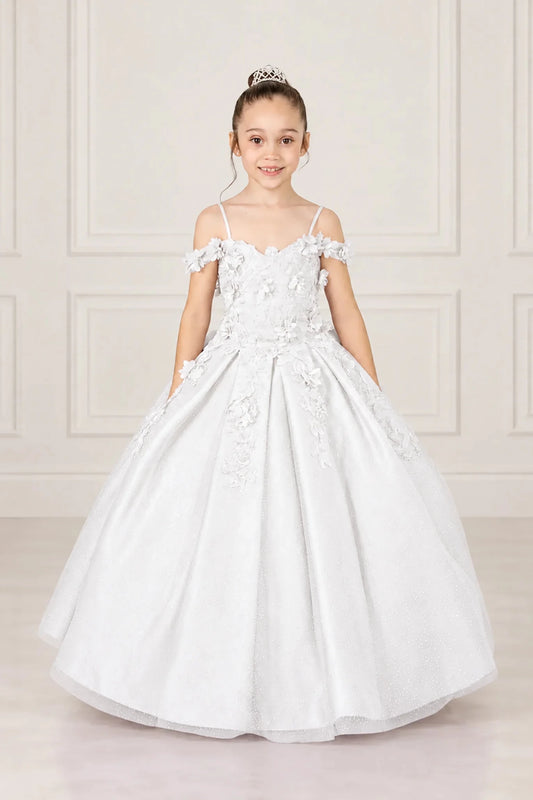 Off-shoulder floral straps accent the sweetheart bodice and full skirt of this White mini quinceañera gown.
