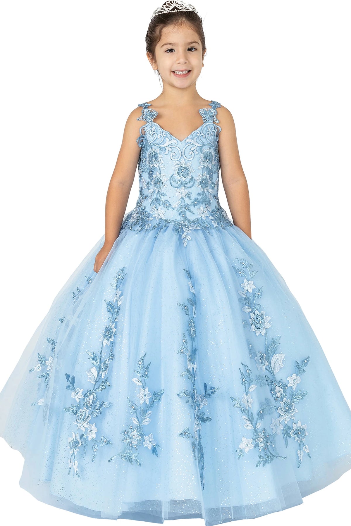 In full view, the Bahama Blue mini quinceañera dress shows tonal floral vines sweeping from the bodice onto the tulle skirt.