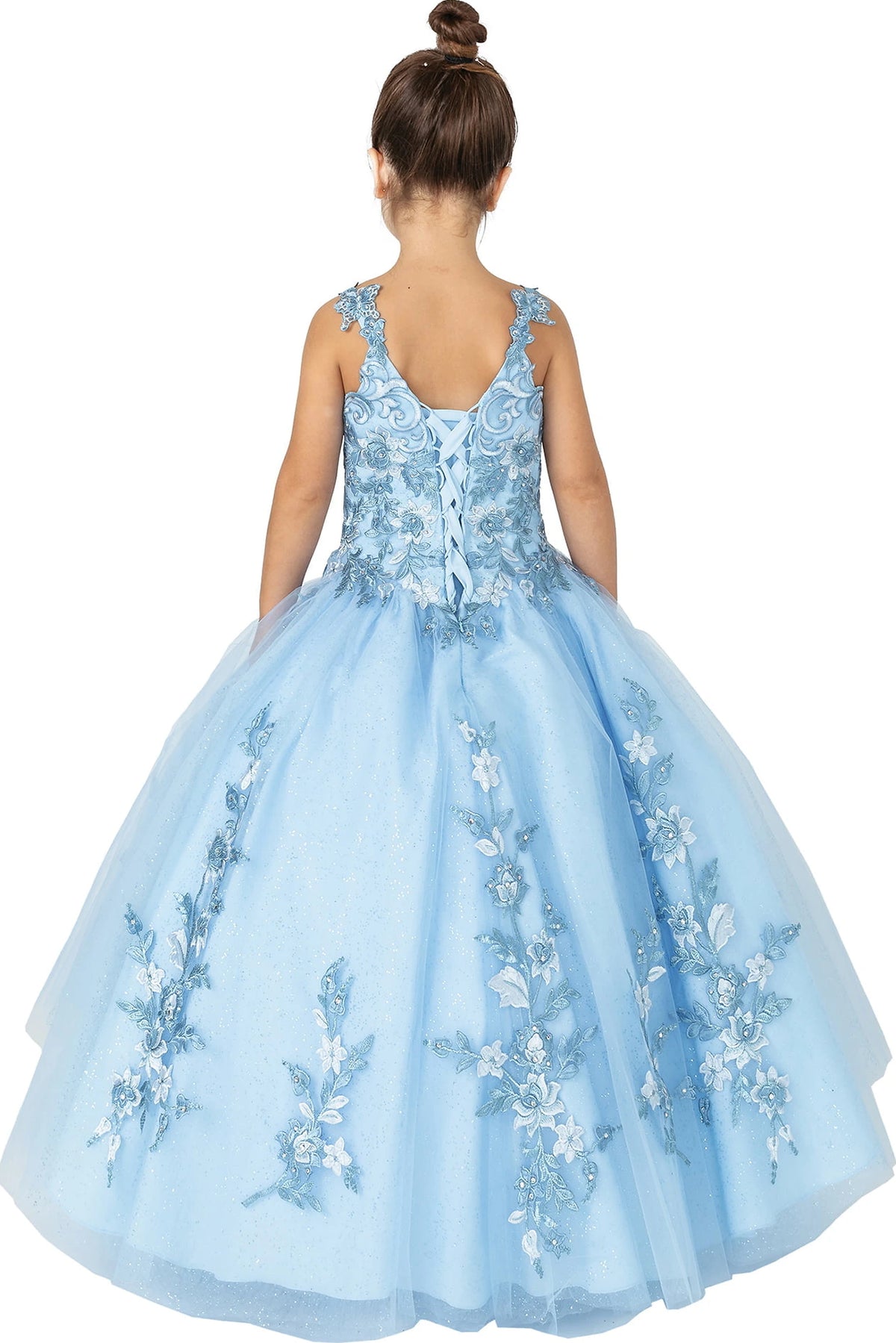 At the back, the Bahama Blue mini quinceañera dress features lace-up back bordered by embroidered floral straps.
