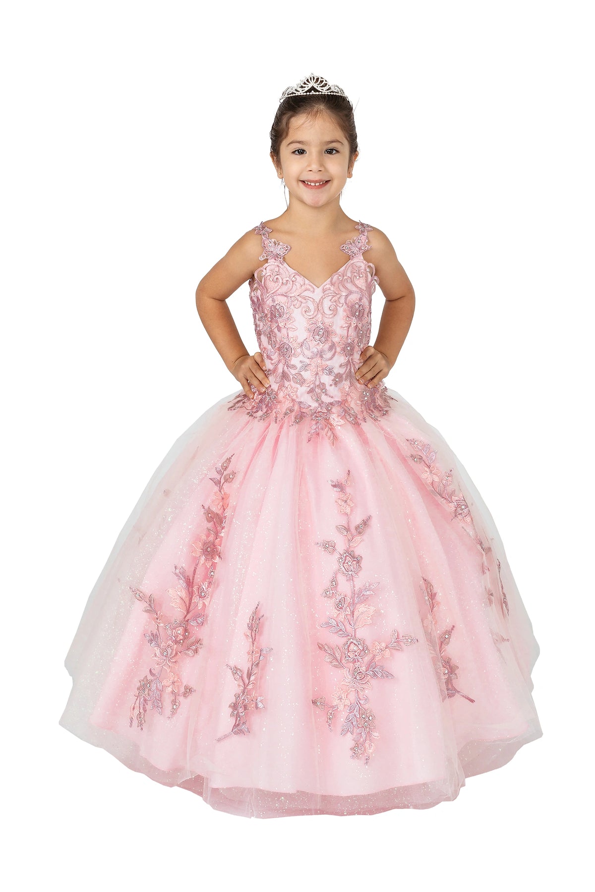 Showing floral embroidery across its sleeveless bodice, this Blush mini quinceañera ball gown is shown in full view.