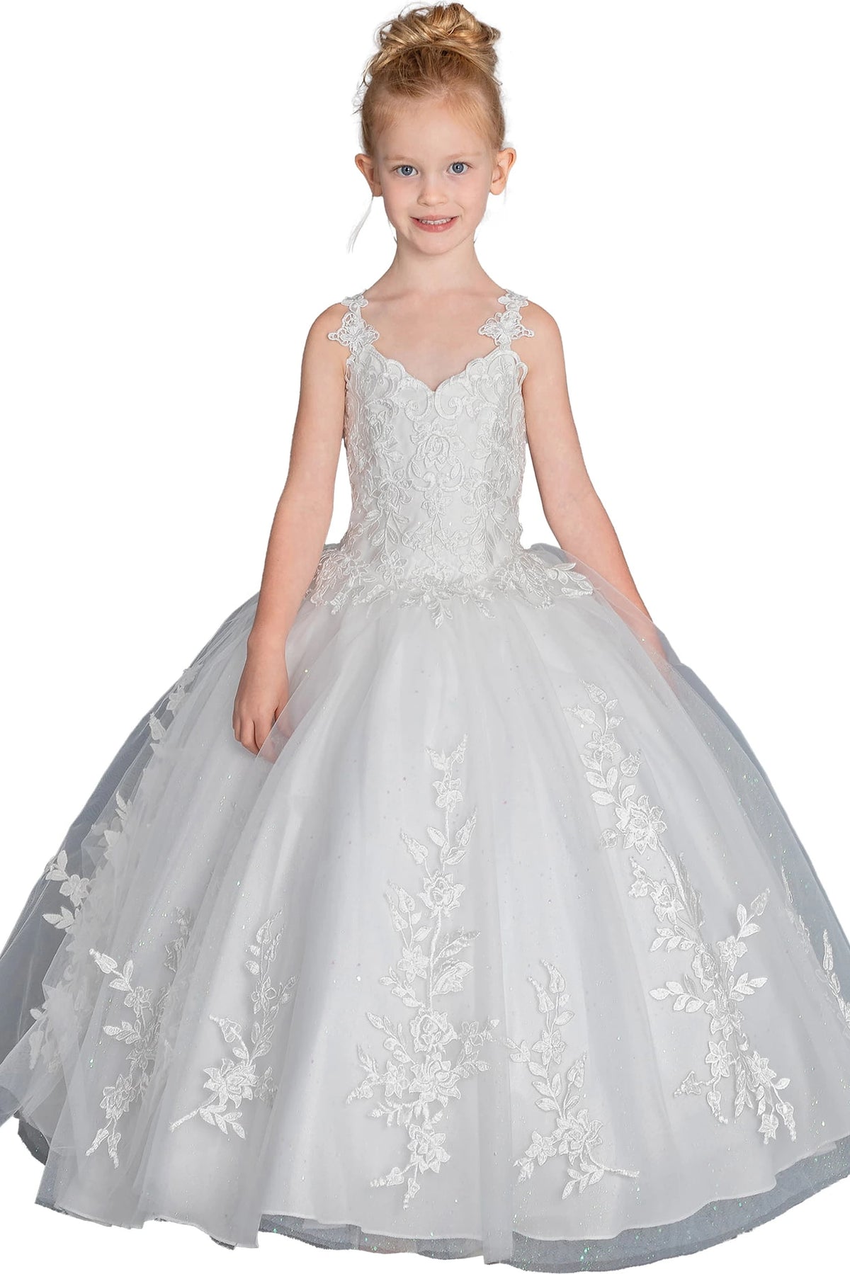 Shimmering from top to hem, the Off White mini quinceañera dress shows tonal floral vines sweeping from the bodice onto the tulle skirt.