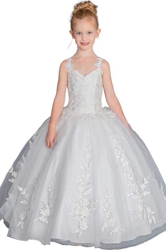 Shimmering from top to hem, the Off White mini quinceañera dress shows tonal floral vines sweeping from the bodice onto the tulle skirt.