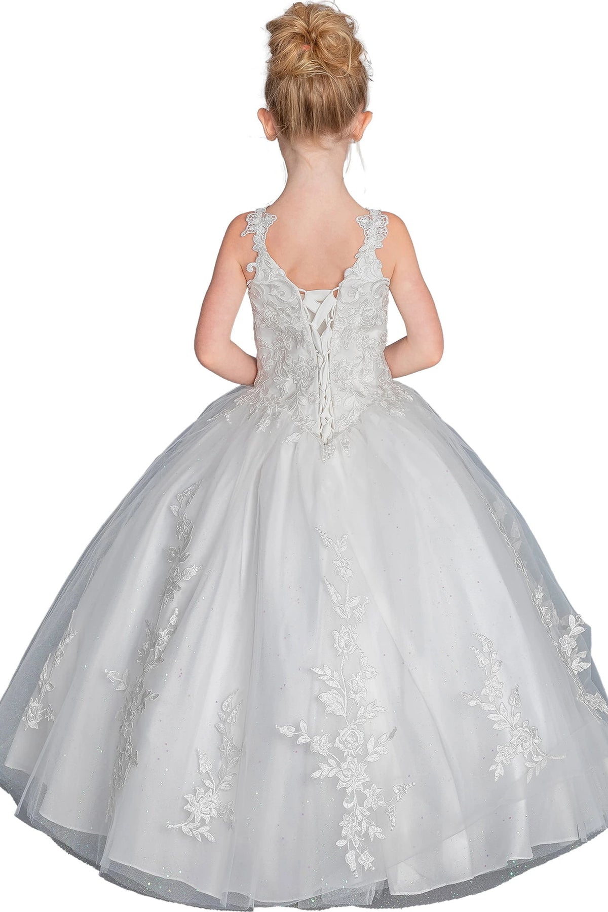 Behind the full skirt, the Off White mini quinceañera dress features lace-up back bordered by embroidered floral straps.