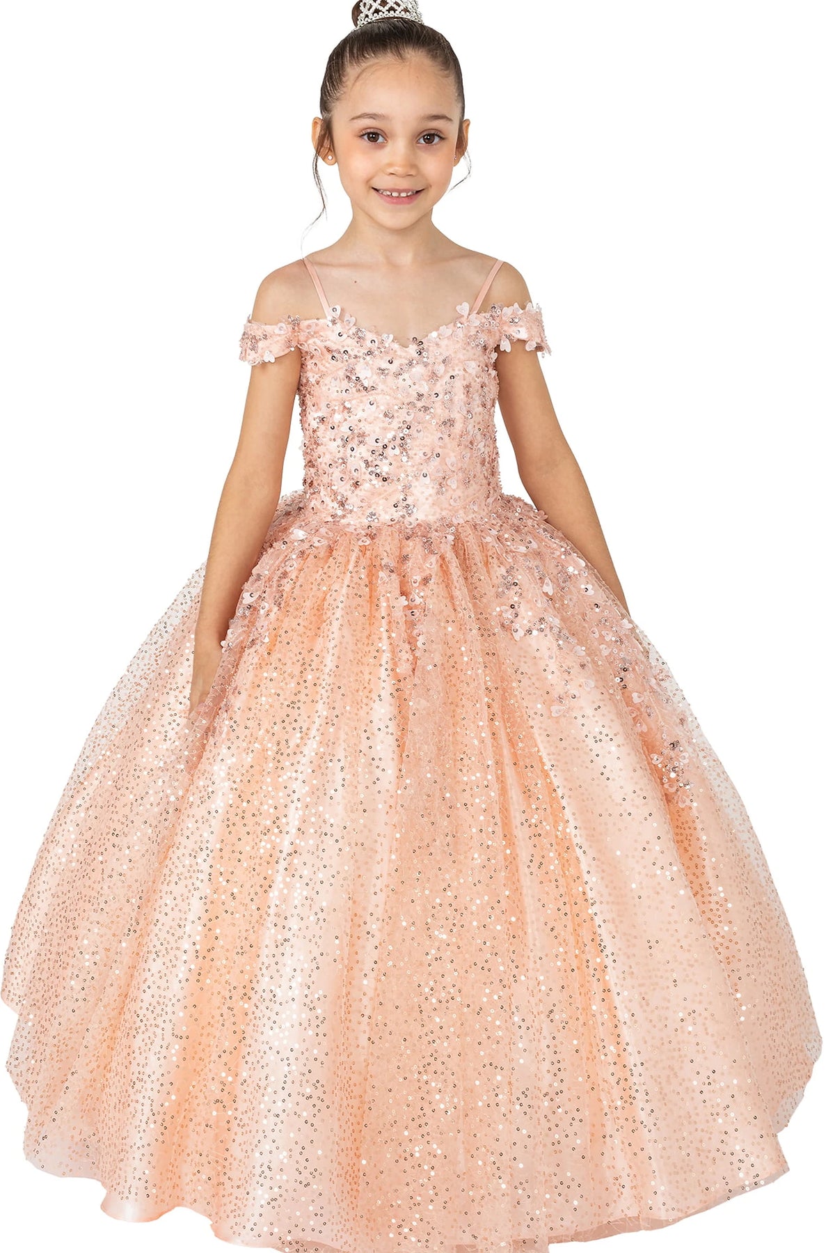Across the front, the Red mini quinceañera dress shows off-shoulder floral trim and dense sparkle across the ball skirt.