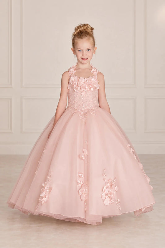 Floral cap sleeves frame the Blush mini quinceañera gown, with appliqués scattered over its full tulle skirt.