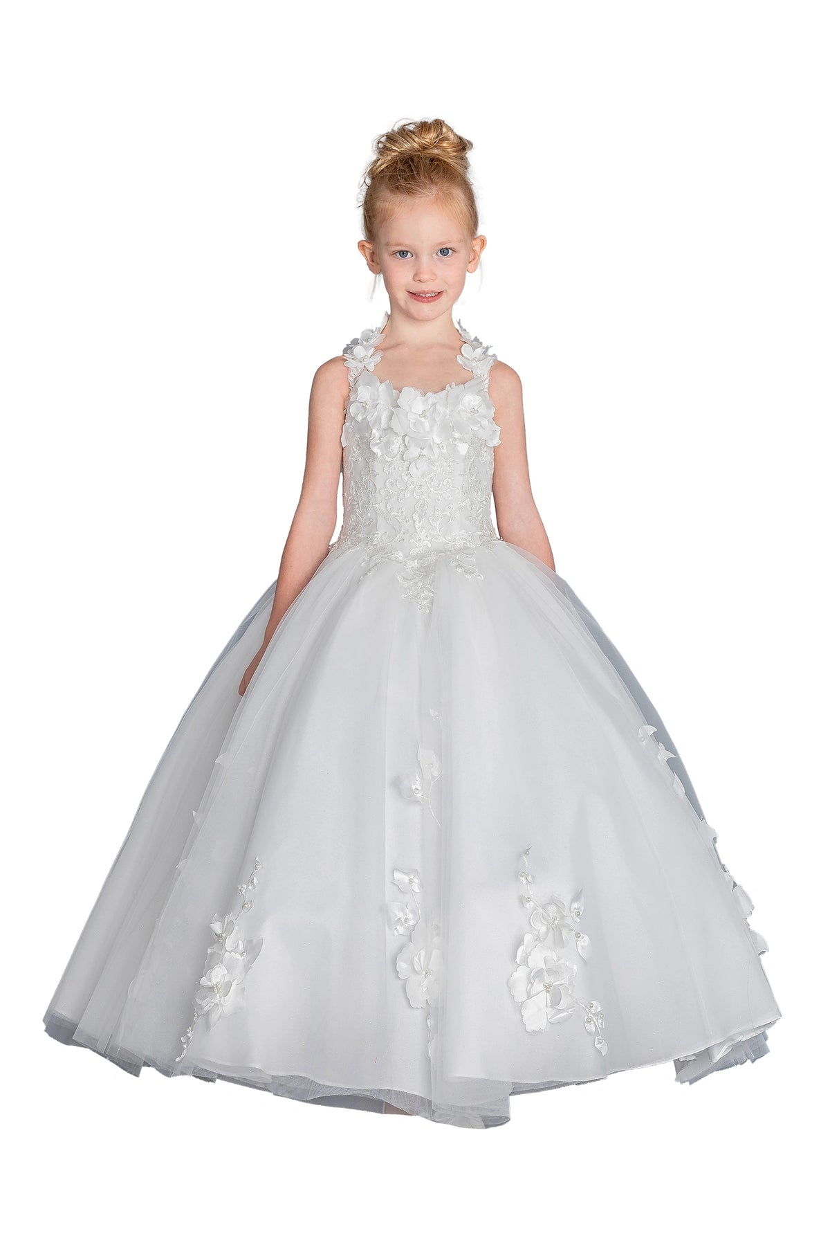 Framed by a full skirt, the Off White mini quinceañera dress shows floral shoulder appliqués and dimensional blossoms on the full skirt.