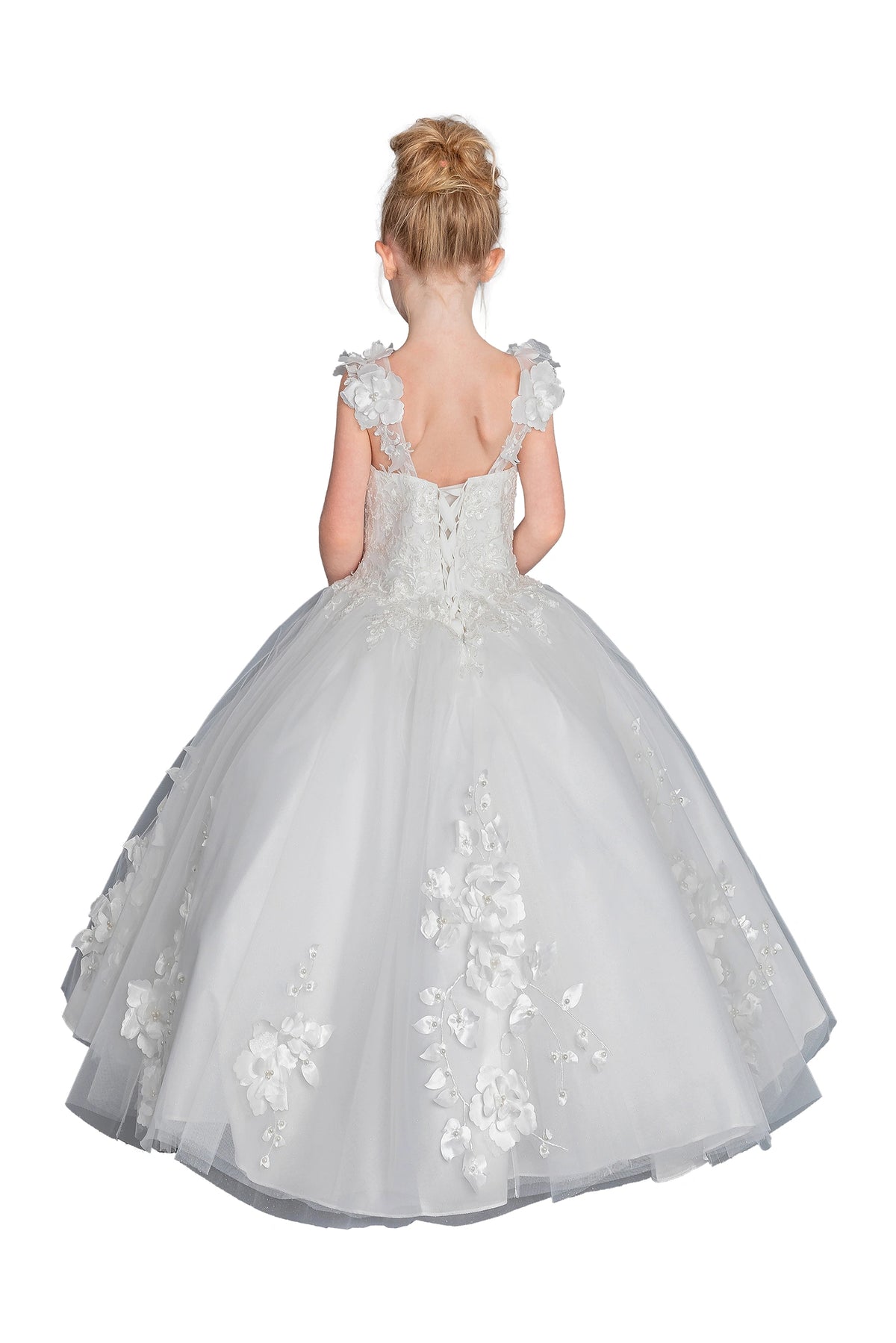 The reverse view reveals, the Off White mini quinceañera dress features corset back framed by floral cap sleeves.