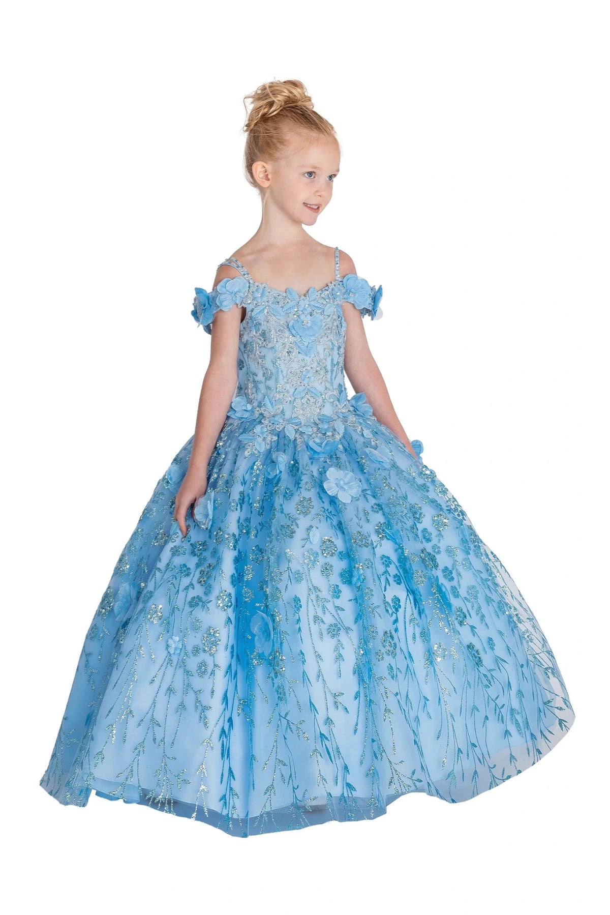 Detailed through the bodice, the Bahama Blue mini quinceañera dress shows off-shoulder floral accents and embroidered vines over glitter tulle.