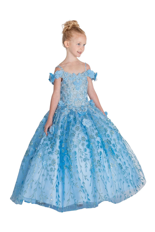 Detailed through the bodice, the Bahama Blue mini quinceañera dress shows off-shoulder floral accents and embroidered vines over glitter tulle.