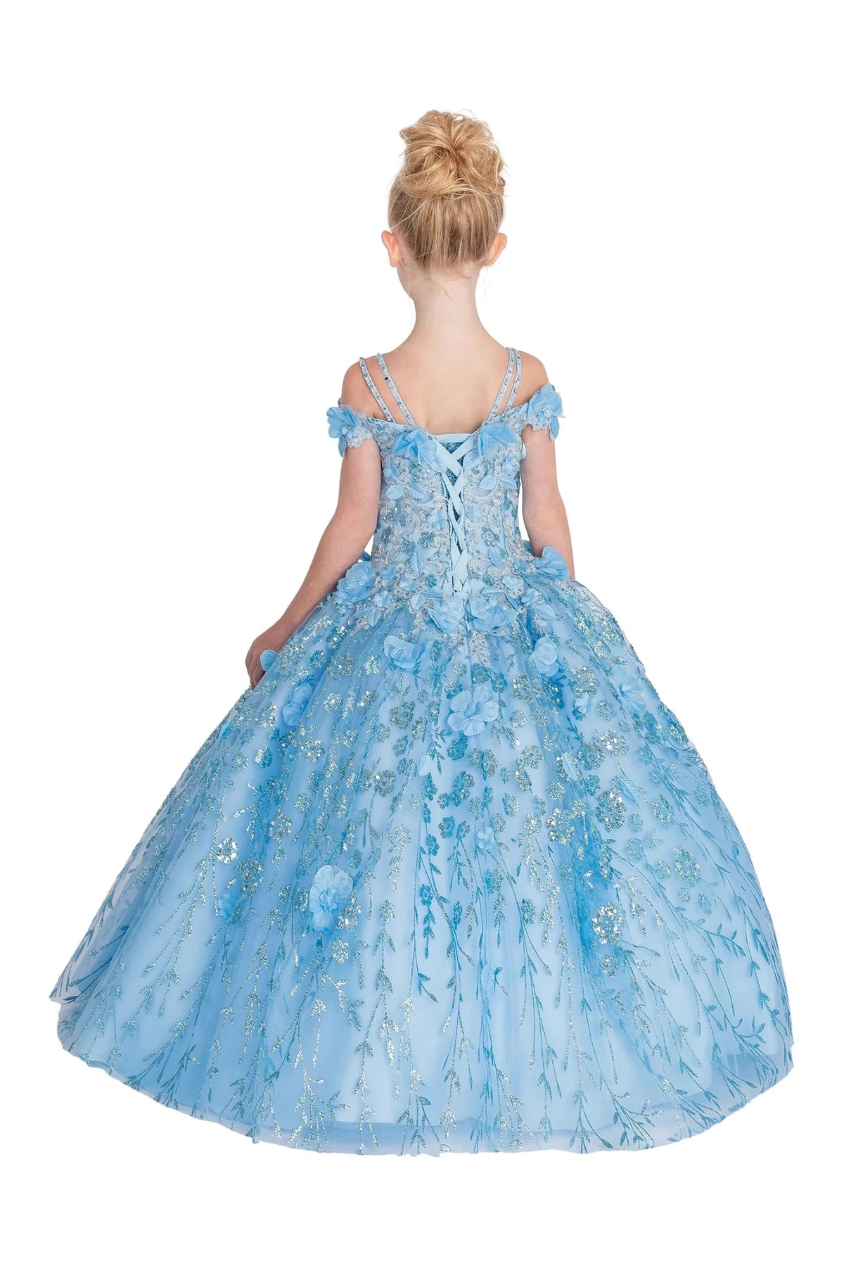 From behind, the Bahama Blue mini quinceañera dress features lace-up back beneath delicate shoulder straps.