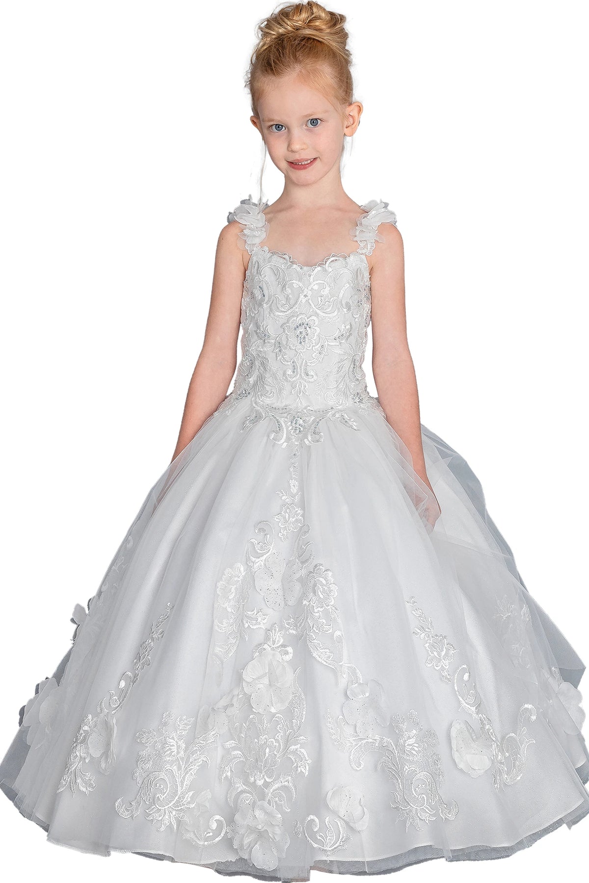 From the neckline, the Off White mini quinceañera dress shows ruffled straps above a floral lace bodice and full layered skirt.
