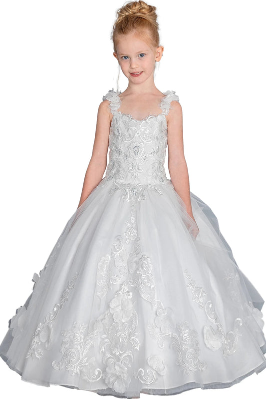From the neckline, the Off White mini quinceañera dress shows ruffled straps above a floral lace bodice and full layered skirt.