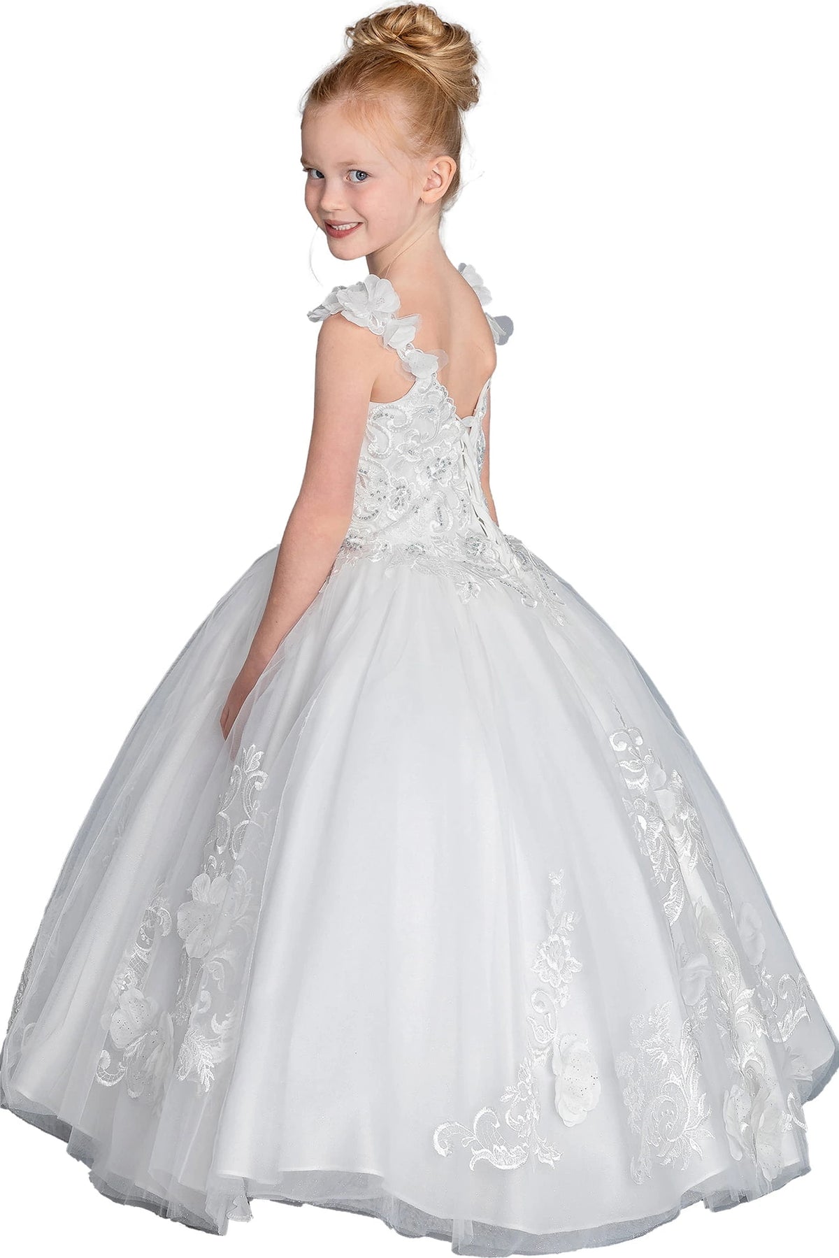 Seen from the back, the Off White mini quinceañera dress features lace-up back surrounded by floral appliqué.