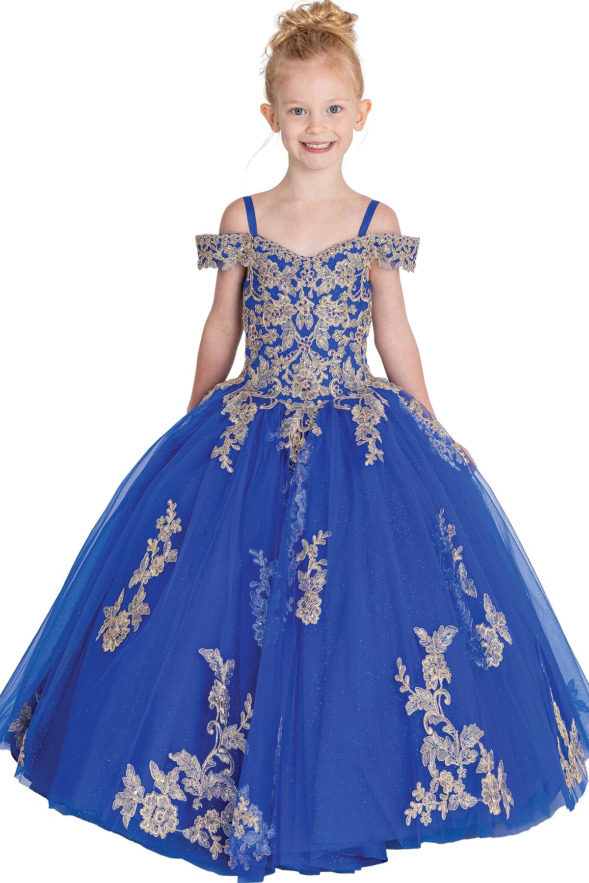 In full view, the Royal Blue mini quinceañera dress shows gold appliqué tracing the off-shoulder bodice and royal blue skirt.