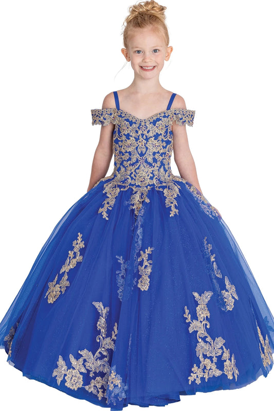 In full view, the Royal Blue mini quinceañera dress shows gold appliqué tracing the off-shoulder bodice and royal blue skirt.