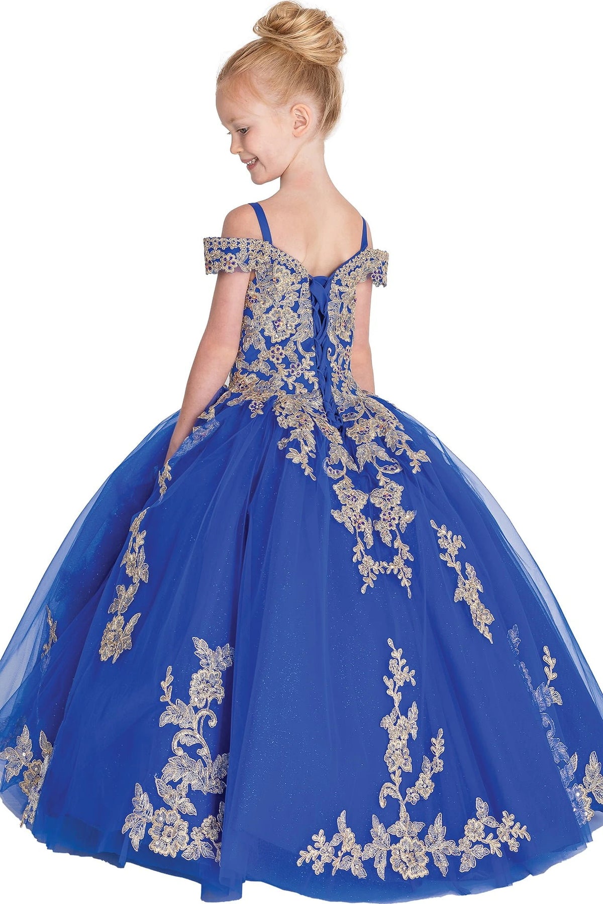 At the back, the Royal Blue mini quinceañera dress features corset lacing surrounded by ornate gold embroidery.
