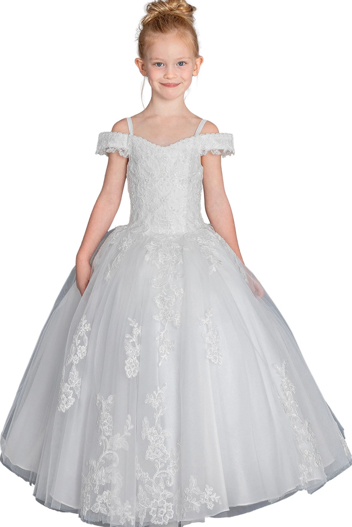 Detailed through the bodice, the Off White mini quinceañera dress shows lace shoulder trim and tonal floral appliqué over the full skirt.