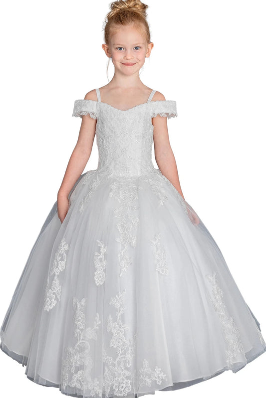 Detailed through the bodice, the Off White mini quinceañera dress shows lace shoulder trim and tonal floral appliqué over the full skirt.