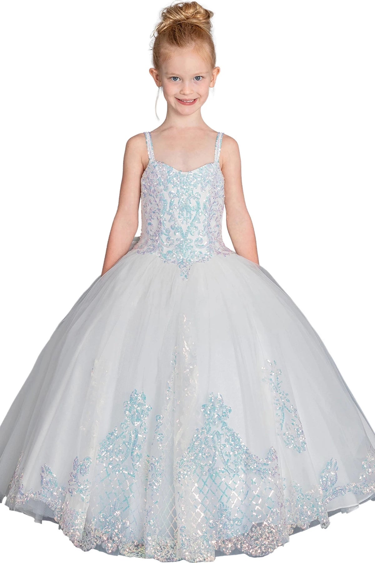 Framed by a full skirt, the Off White mini quinceañera dress shows a pale blue embroidered bodice flowing into a glittered white skirt.