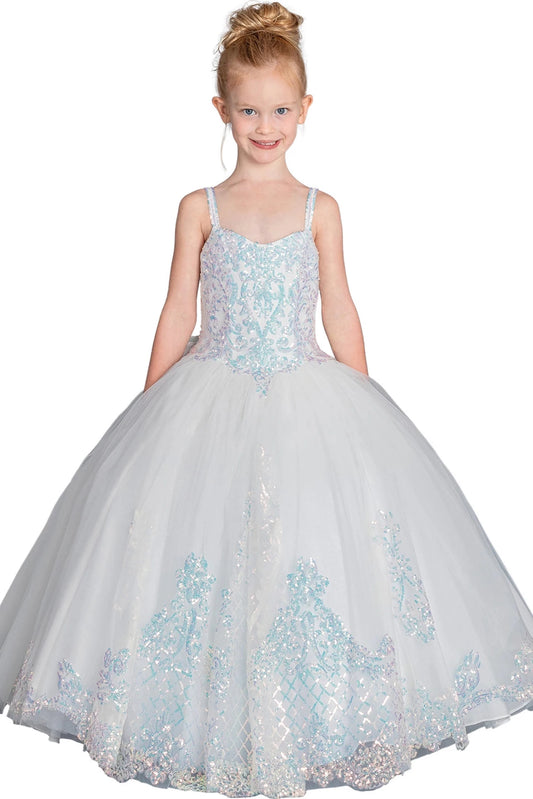 Framed by a full skirt, the Off White mini quinceañera dress shows a pale blue embroidered bodice flowing into a glittered white skirt.