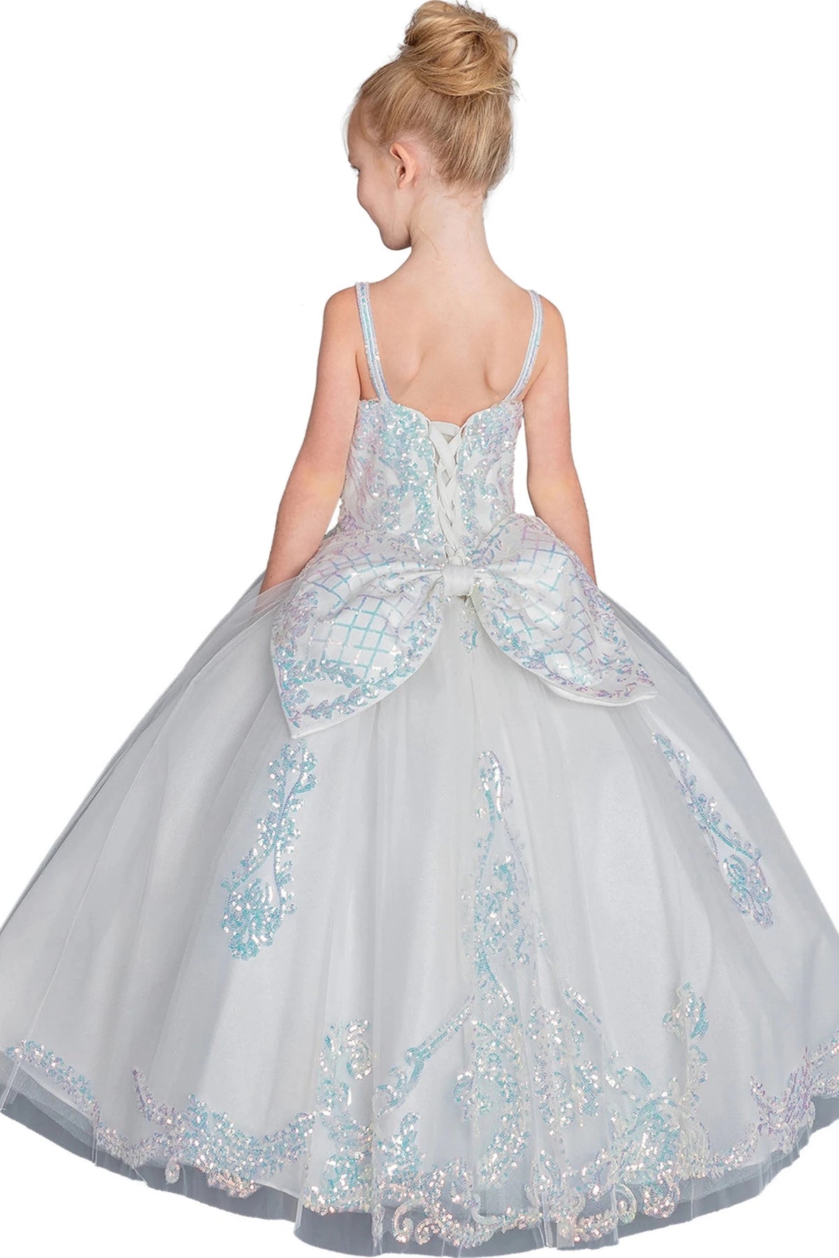 The reverse view reveals, the Off White mini quinceañera dress features oversized bow centered beneath a lace-up back.