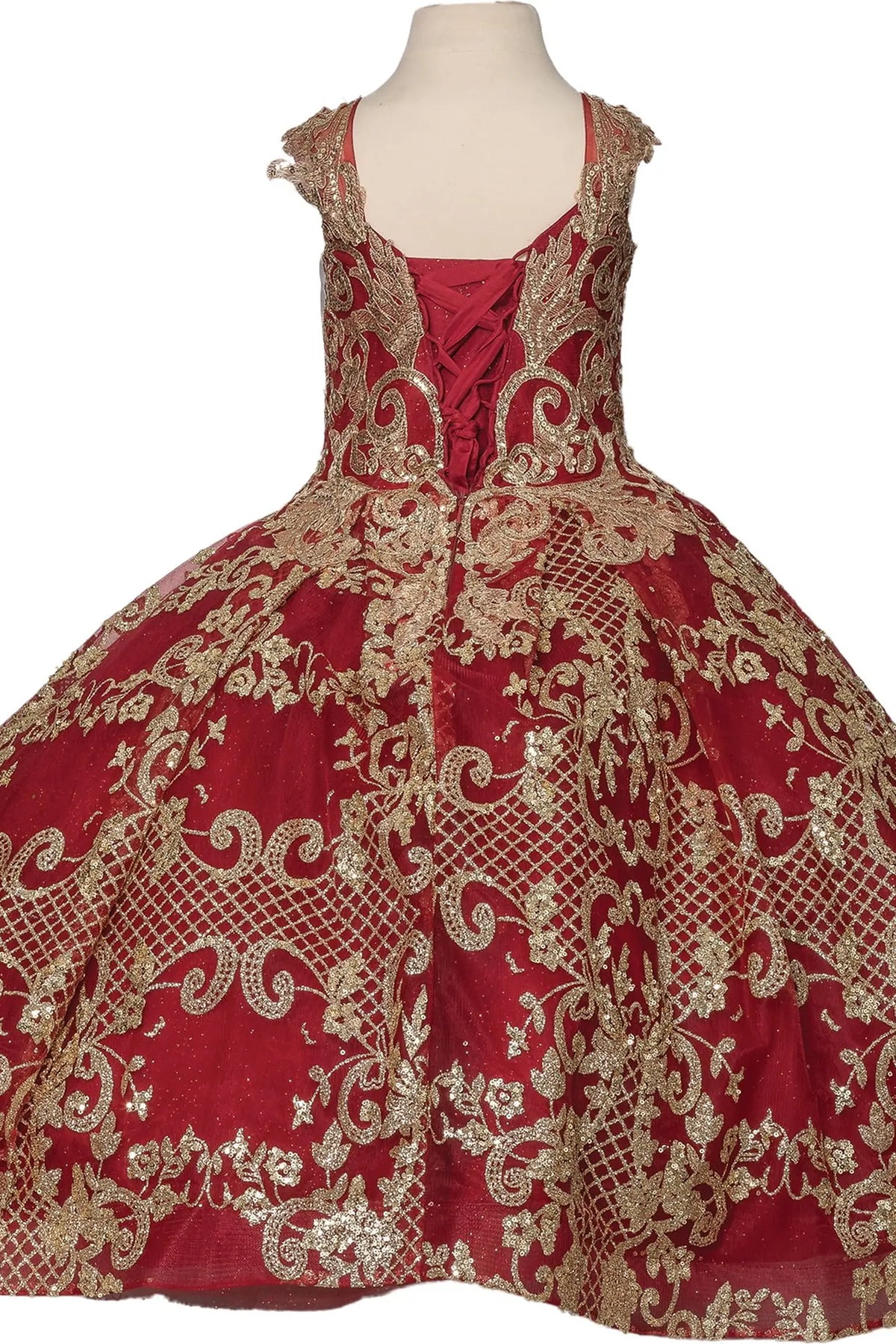 The reverse view reveals, the Burgundy mini quinceañera dress features corset lacing framed by metallic embroidered panels.
